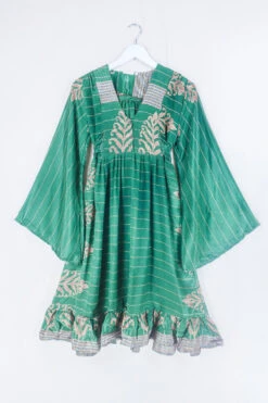 Lunar Mini Dress - Vintage Sari - Dappled Green & Gold - Size XXS/XS Petite