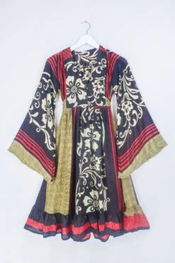 Lunar Mini Dress - Vintage Sari - Coffee Bean And Hibiscus - Size XXS Petite