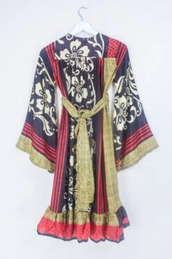 Lunar Mini Dress - Vintage Sari - Coffee Bean And Hibiscus - Size XXS Petite -KIKIS Clothing Shop mini lunar floral recycled indian sari bohemian hippie maxi dress all about audrey 28