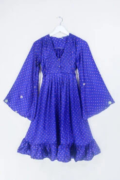Lunar Mini Dress - Vintage Sari - French Violet And Golden Sequin - Size XXS Petite
