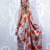 Eden Halter Maxi Dress - Vintage Sari - Burnt Orange & Salt White Flower Burst - Free Size M