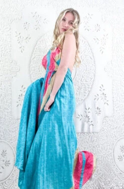 Eden Halter Maxi Dress - Vintage Sari - Aquamarine Paisley Waves - Free Size M/L 6 Eden Halter Maxi Dress - Vintage Sari - Aquamarine Paisley Waves - Free Size M/L -KIKIS Clothing Shop model wearing boho chic maxi halter dress hippie style handmade from recycled vintage 70s indian sari all about audrey 180