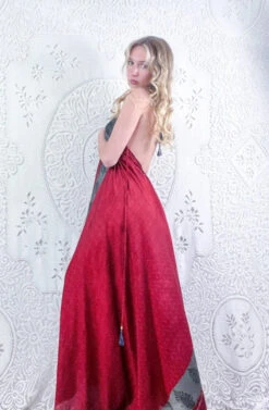Eden Halter Maxi Dress - Vintage Sari - Sheer Ruby & Pewter Floral - Free Size S/M -KIKIS Clothing Shop model wearing boho chic maxi halter dress hippie style handmade from recycled vintage 70s indian sari all about audrey 227