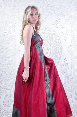 Eden Halter Maxi Dress - Vintage Sari - Sheer Ruby & Pewter Floral - Free Size S/M -KIKIS Clothing Shop model wearing boho chic maxi halter dress hippie style handmade from recycled vintage 70s indian sari all about audrey 229