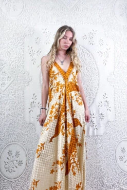 Eden Halter Maxi Dress - Vintage Sari - Cream & Amber Peacock Floral - Free Size S/M -KIKIS Clothing Shop model wearing boho chic maxi halter dress hippie style handmade from recycled vintage 70s indian sari all about audrey 237