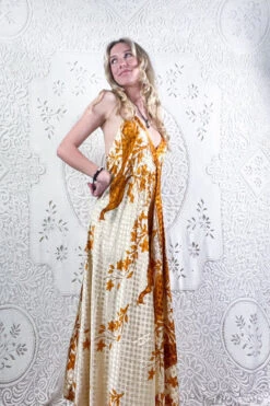 Eden Halter Maxi Dress - Vintage Sari - Cream & Amber Peacock Floral - Free Size S/M -KIKIS Clothing Shop model wearing boho chic maxi halter dress hippie style handmade from recycled vintage 70s indian sari all about audrey 240