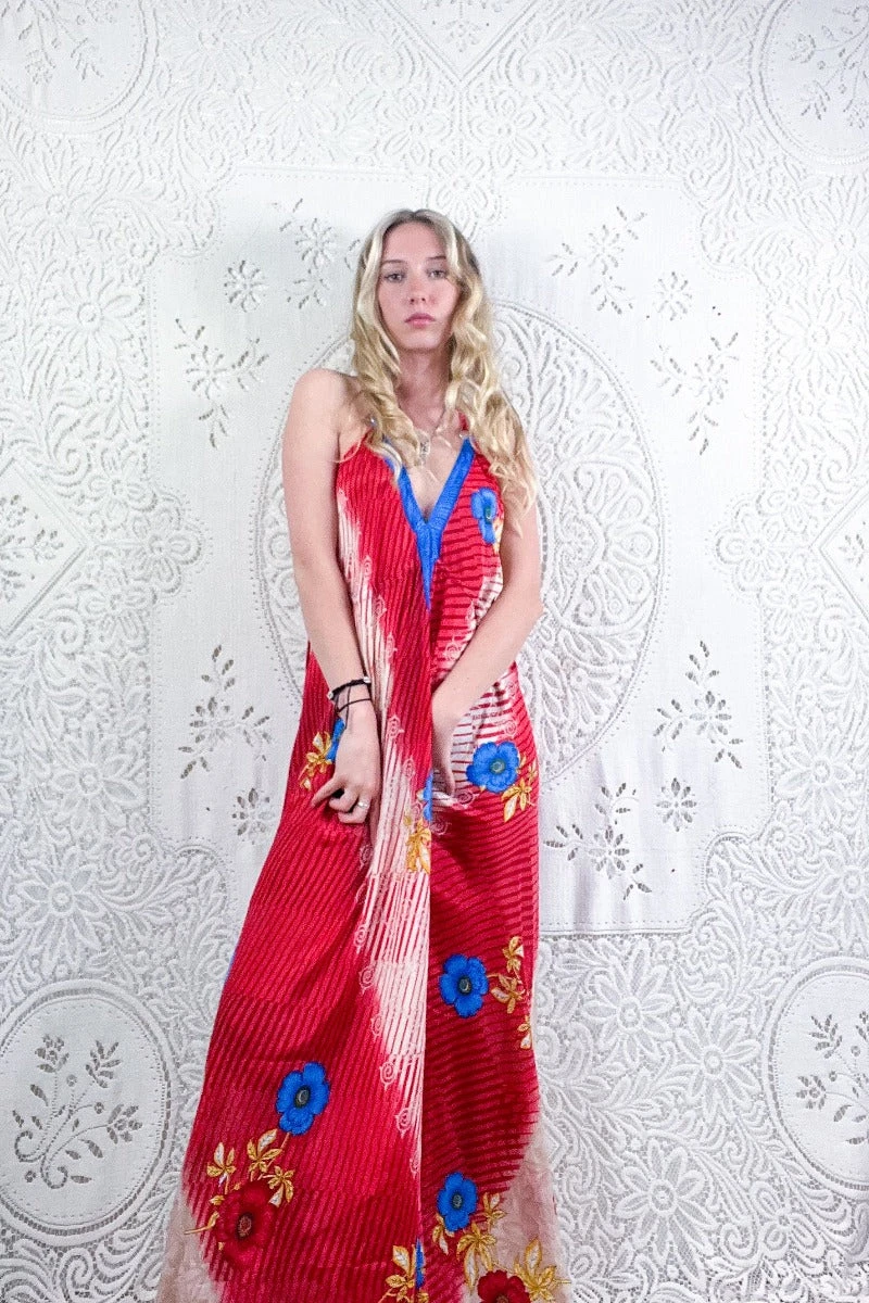 Eden Halter Maxi Dress - Vintage Sari - Cherry Red & Cerulean Floral - Free Size S/M 1 Eden Halter Maxi Dress - Vintage Sari - Cherry Red & Cerulean Floral - Free Size S/M
