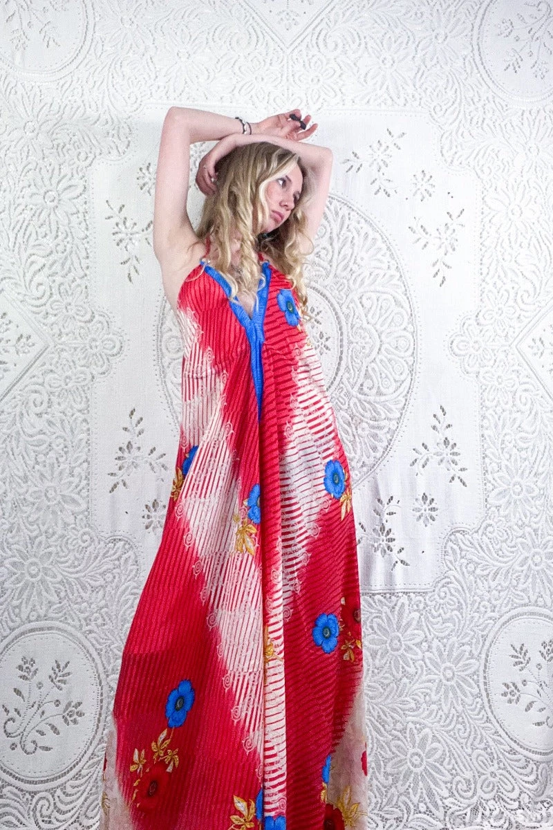 Eden Halter Maxi Dress - Vintage Sari - Cherry Red & Cerulean Floral - Free Size S/M 2 Eden Halter Maxi Dress - Vintage Sari - Cherry Red & Cerulean Floral - Free Size S/M - Image 2