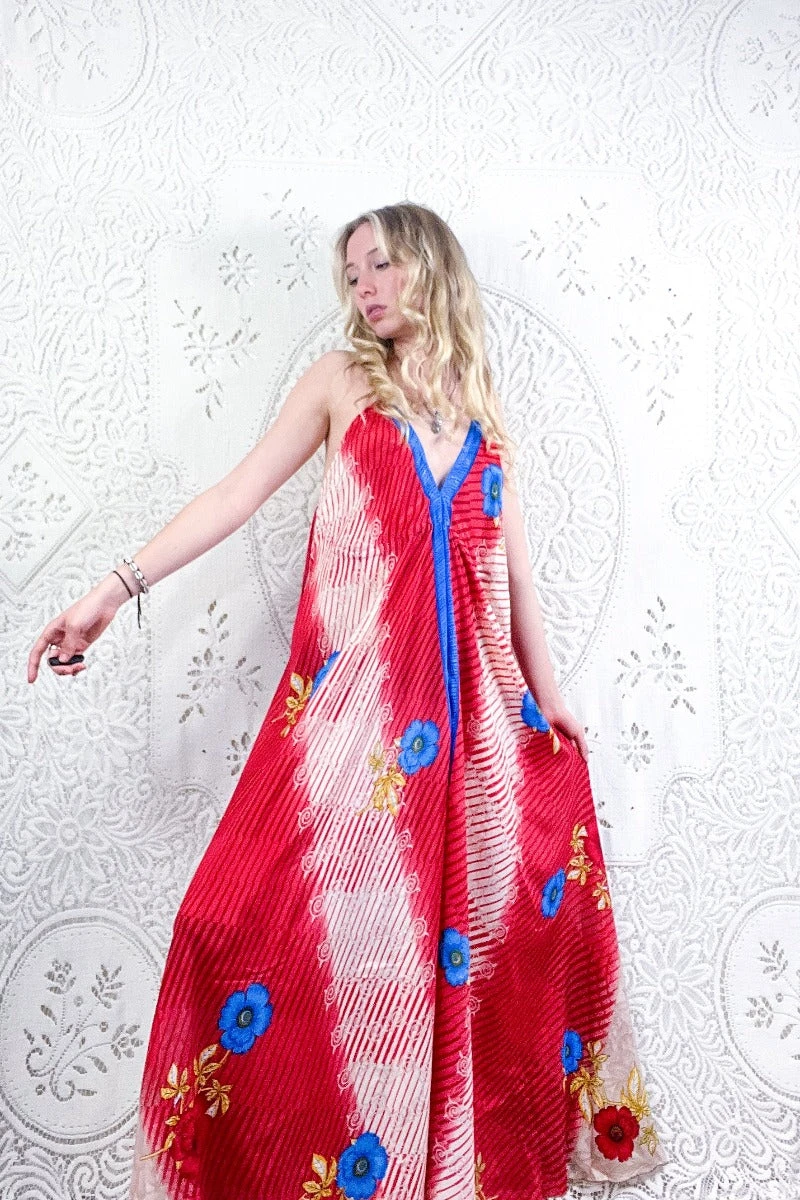 Eden Halter Maxi Dress - Vintage Sari - Cherry Red & Cerulean Floral - Free Size S/M 3 Eden Halter Maxi Dress - Vintage Sari - Cherry Red & Cerulean Floral - Free Size S/M - Image 3