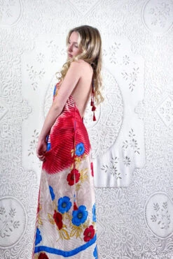 Eden Halter Maxi Dress - Vintage Sari - Cherry Red & Cerulean Floral - Free Size S/M 7 Eden Halter Maxi Dress - Vintage Sari - Cherry Red & Cerulean Floral - Free Size S/M -KIKIS Clothing Shop model wearing boho chic maxi halter dress hippie style handmade from recycled vintage 70s indian sari all about audrey 259