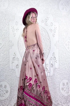 Eden Halter Maxi Dress - Vintage Sari - Dusty Rose Floral Tiles - Free Size S/M -KIKIS Clothing Shop model wearing boho chic maxi halter dress hippie style handmade from recycled vintage 70s indian sari all about audrey 266
