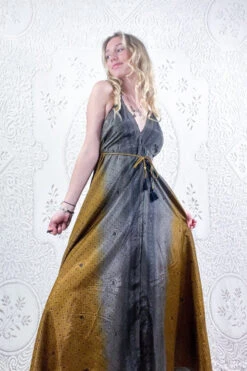 Eden Halter Maxi Dress - Vintage Sari - Smokey Antique Gold Grecian Tiles - Free Size M/L 7 Eden Halter Maxi Dress - Vintage Sari - Smokey Antique Gold Grecian Tiles - Free Size M/L -KIKIS Clothing Shop model wearing boho chic maxi halter dress hippie style handmade from recycled vintage 70s indian sari all about audrey 270