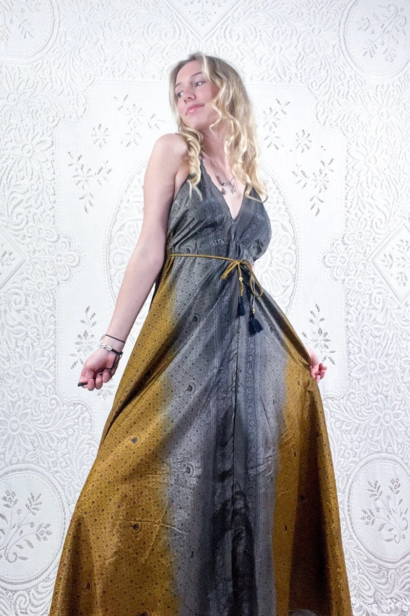 Eden Halter Maxi Dress - Vintage Sari - Smokey Antique Gold Grecian Tiles - Free Size M/L 3 Eden Halter Maxi Dress - Vintage Sari - Smokey Antique Gold Grecian Tiles - Free Size M/L - Image 3