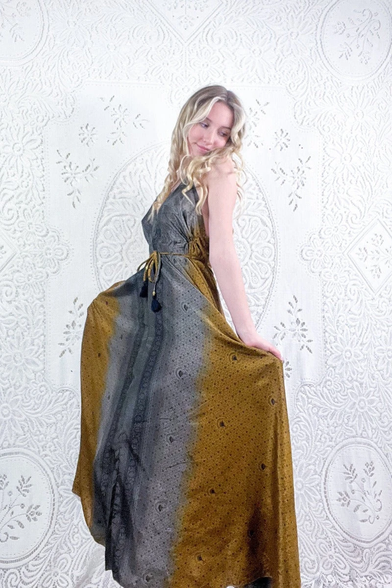 Eden Halter Maxi Dress - Vintage Sari - Smokey Antique Gold Grecian Tiles - Free Size M/L 2 Eden Halter Maxi Dress - Vintage Sari - Smokey Antique Gold Grecian Tiles - Free Size M/L - Image 2