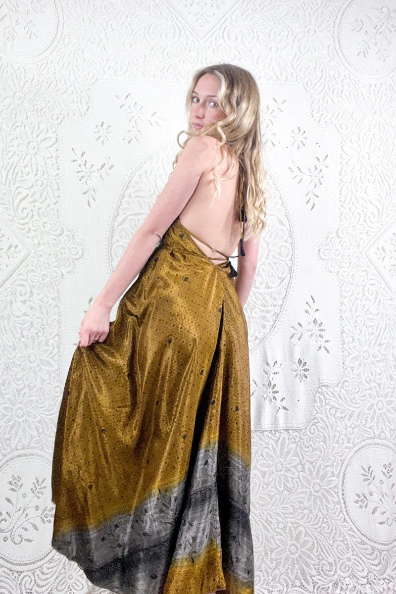 Eden Halter Maxi Dress - Vintage Sari - Smokey Antique Gold Grecian Tiles - Free Size M/L 5 Eden Halter Maxi Dress - Vintage Sari - Smokey Antique Gold Grecian Tiles - Free Size M/L - Image 5