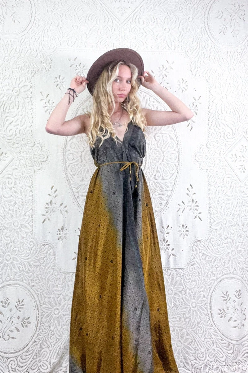 Eden Halter Maxi Dress - Vintage Sari - Smokey Antique Gold Grecian Tiles - Free Size M/L 1 Eden Halter Maxi Dress - Vintage Sari - Smokey Antique Gold Grecian Tiles - Free Size M/L