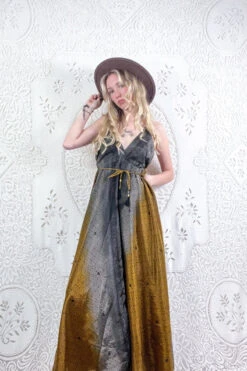 Eden Halter Maxi Dress - Vintage Sari - Smokey Antique Gold Grecian Tiles - Free Size M/L 8 Eden Halter Maxi Dress - Vintage Sari - Smokey Antique Gold Grecian Tiles - Free Size M/L -KIKIS Clothing Shop model wearing boho chic maxi halter dress hippie style handmade from recycled vintage 70s indian sari all about audrey 275