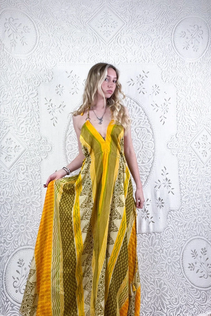 Eden Halter Maxi Dress - Vintage Sari - Yellow & Mediterranean Tone Floral - Free Size L 2 Eden Halter Maxi Dress - Vintage Sari - Yellow & Mediterranean Tone Floral - Free Size L - Image 2