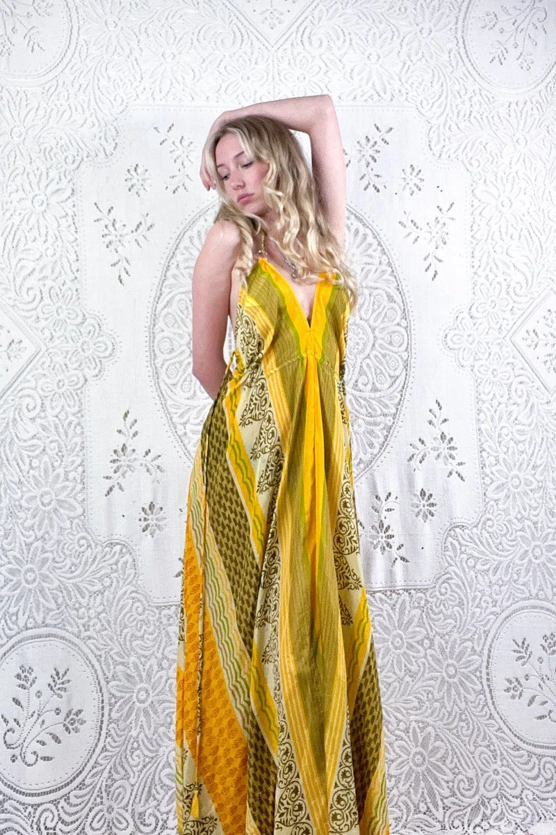 Eden Halter Maxi Dress - Vintage Sari - Yellow & Mediterranean Tone Floral - Free Size L 1 Eden Halter Maxi Dress - Vintage Sari - Yellow & Mediterranean Tone Floral - Free Size L