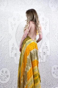 Eden Halter Maxi Dress - Vintage Sari - Yellow & Mediterranean Tone Floral - Free Size L 5 Eden Halter Maxi Dress - Vintage Sari - Yellow & Mediterranean Tone Floral - Free Size L -KIKIS Clothing Shop model wearing boho chic maxi halter dress hippie style handmade from recycled vintage 70s indian sari all about audrey 83