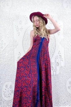 Eden Halter Maxi Dress - Vintage Sari - Strawberry & Sapphire Botanical - Free Size S/M