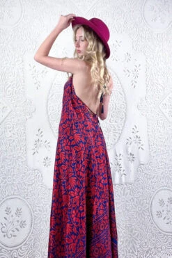 Eden Halter Maxi Dress - Vintage Sari - Strawberry & Sapphire Botanical - Free Size S/M -KIKIS Clothing Shop model wearing boho chic maxi halter dress hippie style handmade from recycled vintage 70s indian sari all about audrey 93