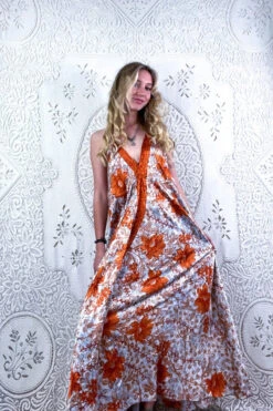 Eden Halter Maxi Dress - Vintage Sari - Burnt Orange & Salt White Flower Burst - Free Size M -KIKIS Clothing Shop model wearing boho chic maxi halter dress hippie style handmade from recycled vintage 70s indian sari all about audrey 99