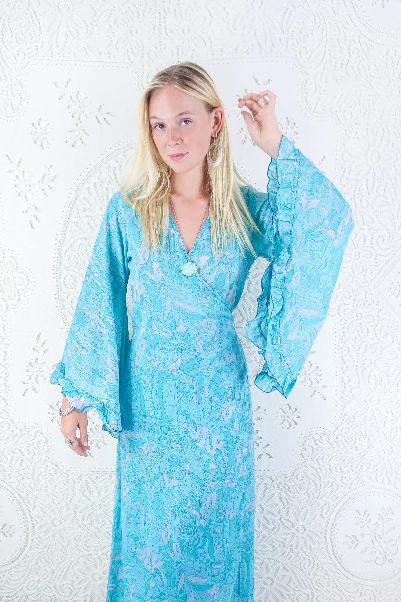 Venus Maxi Dress - Vintage Sari - Powdered Turquoise & Mist Illustrations - Size M/L 1 Venus Maxi Dress - Vintage Sari - Powdered Turquoise & Mist Illustrations - Size M/L