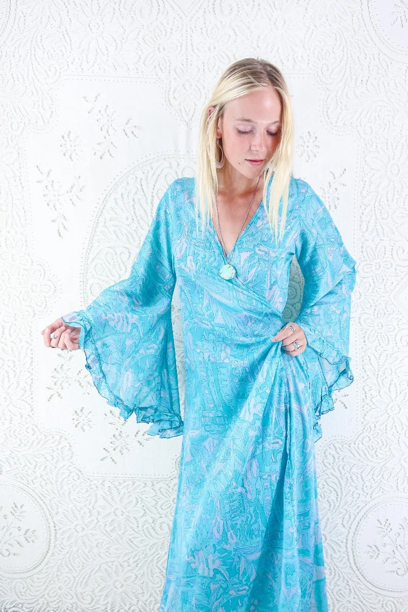 Venus Maxi Dress - Vintage Sari - Powdered Turquoise & Mist Illustrations - Size M/L 2 Venus Maxi Dress - Vintage Sari - Powdered Turquoise & Mist Illustrations - Size M/L - Image 2