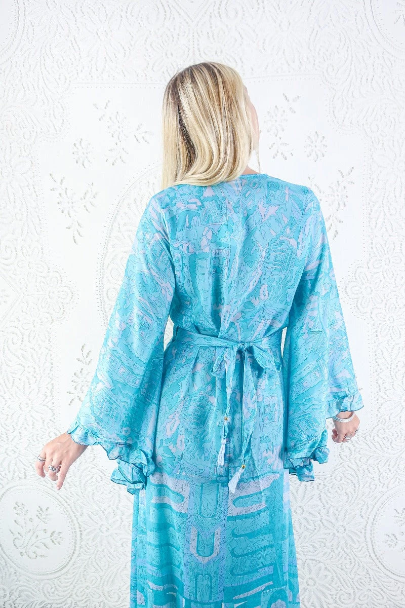 Venus Maxi Dress - Vintage Sari - Powdered Turquoise & Mist Illustrations - Size M/L 3 Venus Maxi Dress - Vintage Sari - Powdered Turquoise & Mist Illustrations - Size M/L - Image 3