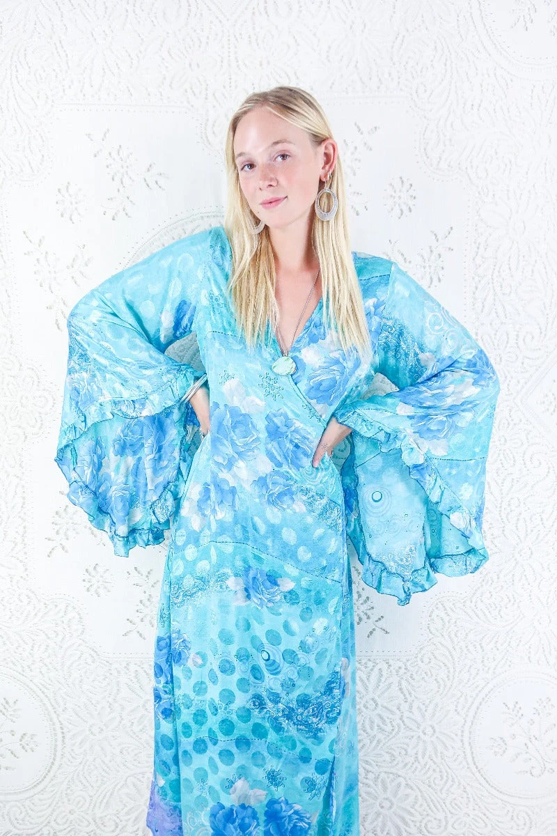 Venus Maxi Dress - Vintage Sari - Icy Aqua & Blue Rose Floral - Size M/L 2 Venus Maxi Dress - Vintage Sari - Icy Aqua & Blue Rose Floral - Size M/L - Image 2