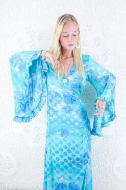 Venus Maxi Dress - Vintage Sari - Icy Aqua & Blue Rose Floral - Size M/L
