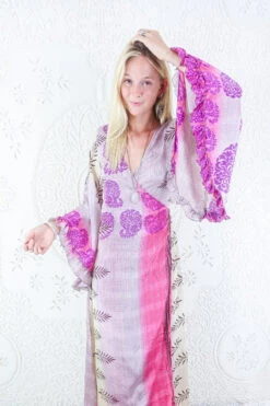 Venus Maxi Dress - Vintage Sari - Pearl, Mauve & Magenta Motif - Size S/M