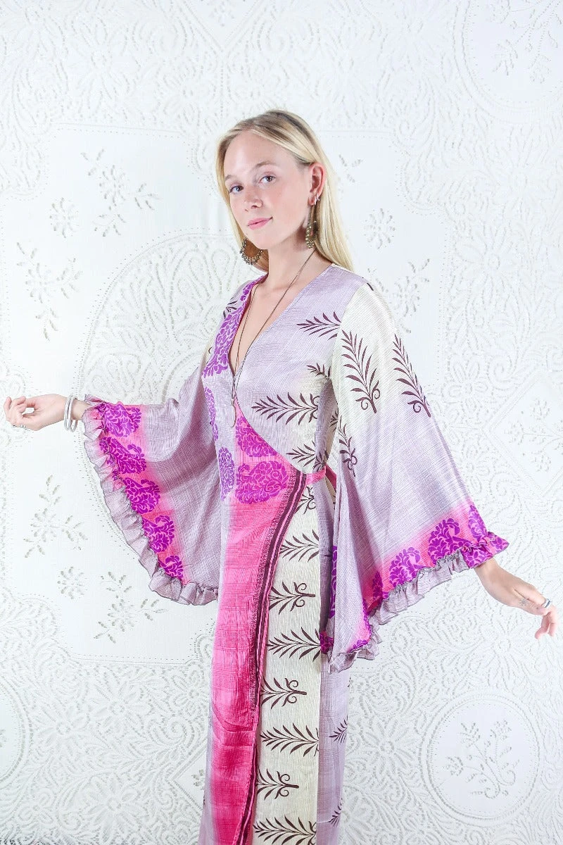 Venus Maxi Dress - Vintage Sari - Pearl, Mauve & Magenta Motif - Size S/M 2 Venus Maxi Dress - Vintage Sari - Pearl, Mauve & Magenta Motif - Size S/M - Image 2