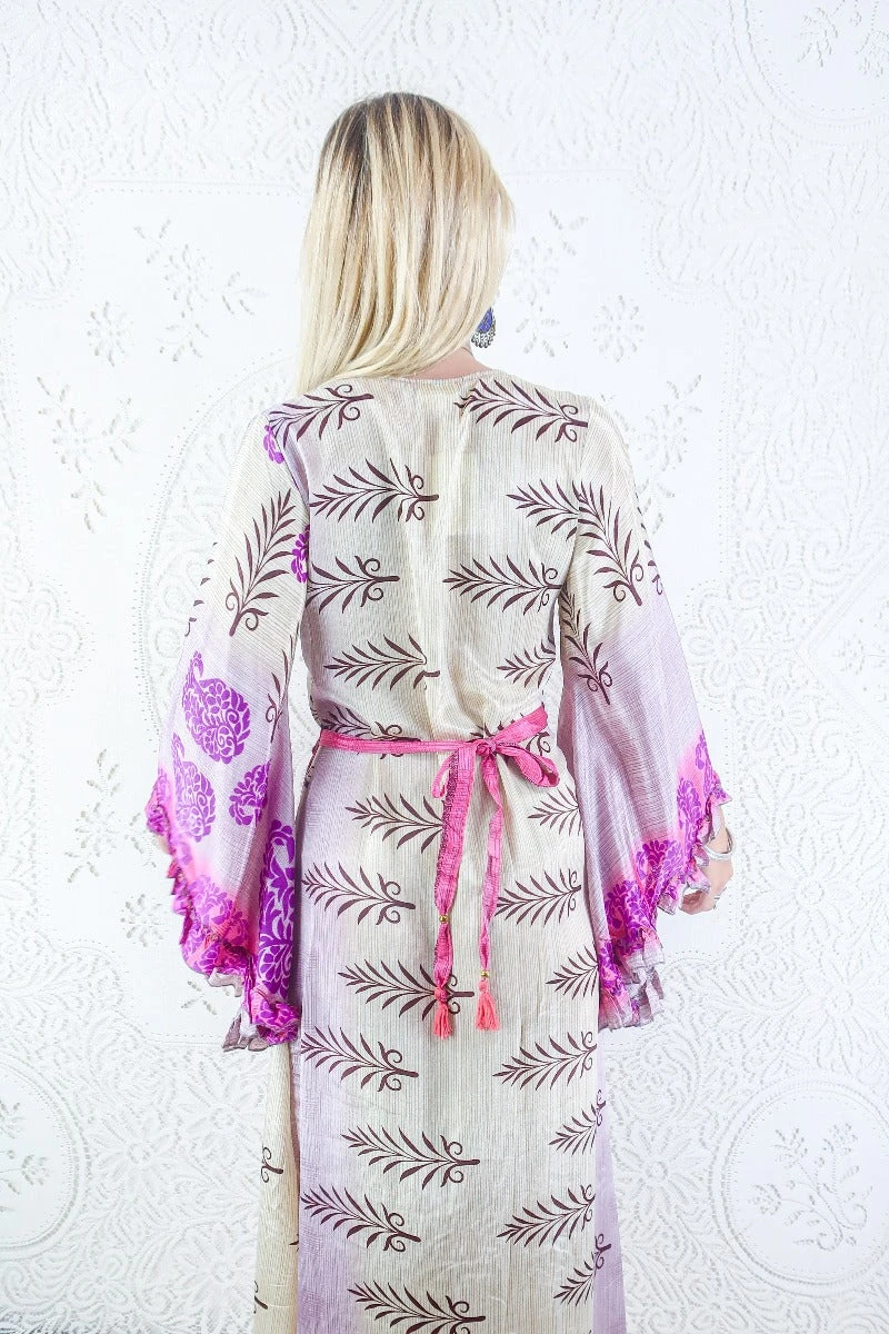 Venus Maxi Dress - Vintage Sari - Pearl, Mauve & Magenta Motif - Size S/M 3 Venus Maxi Dress - Vintage Sari - Pearl, Mauve & Magenta Motif - Size S/M - Image 3