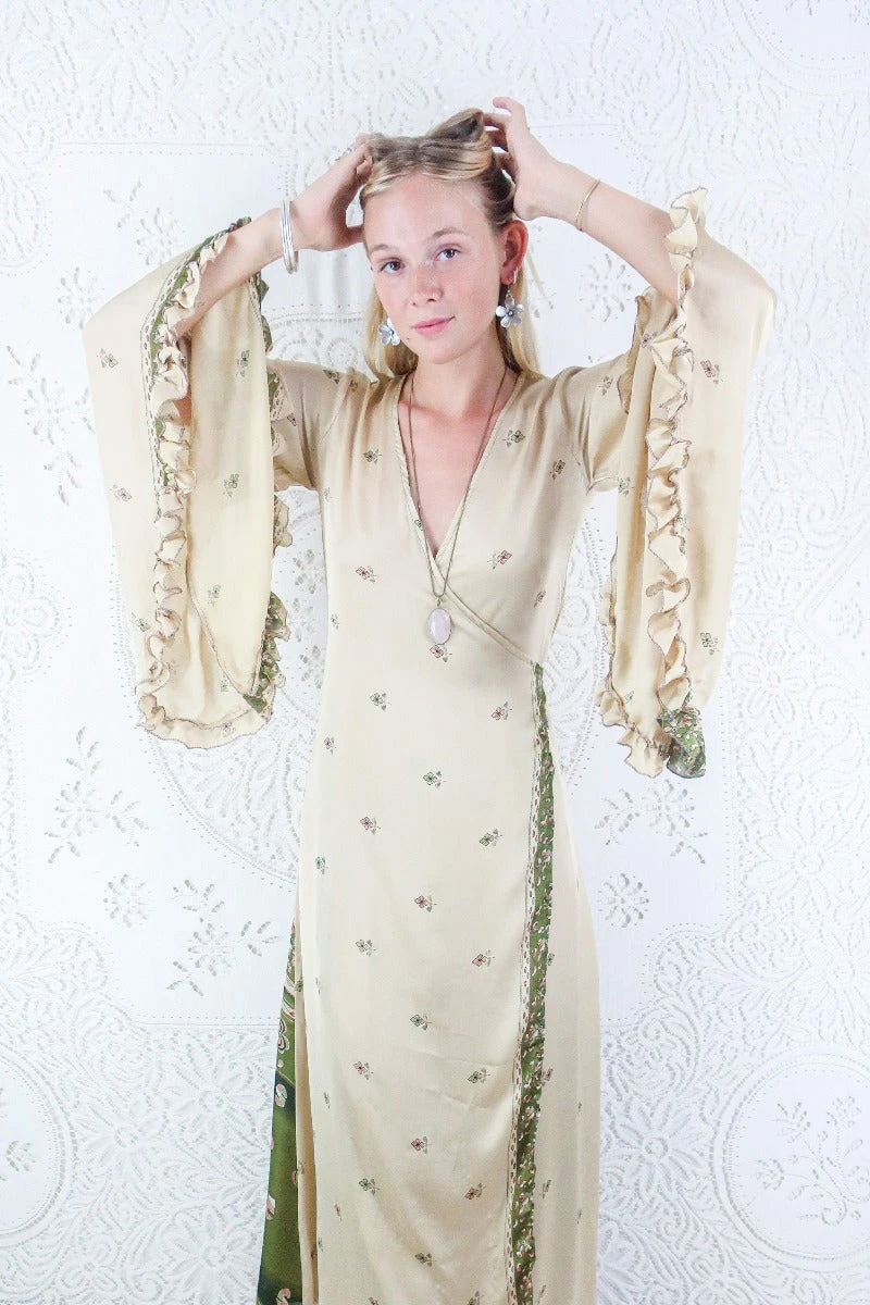 Venus Maxi Dress - Vintage Sari - Ecru & Olive Retro Floral - Size S/M 2 Venus Maxi Dress - Vintage Sari - Ecru & Olive Retro Floral - Size S/M - Image 2