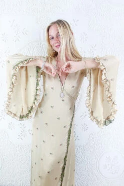 Venus Maxi Dress - Vintage Sari - Ecru & Olive Retro Floral - Size S/M