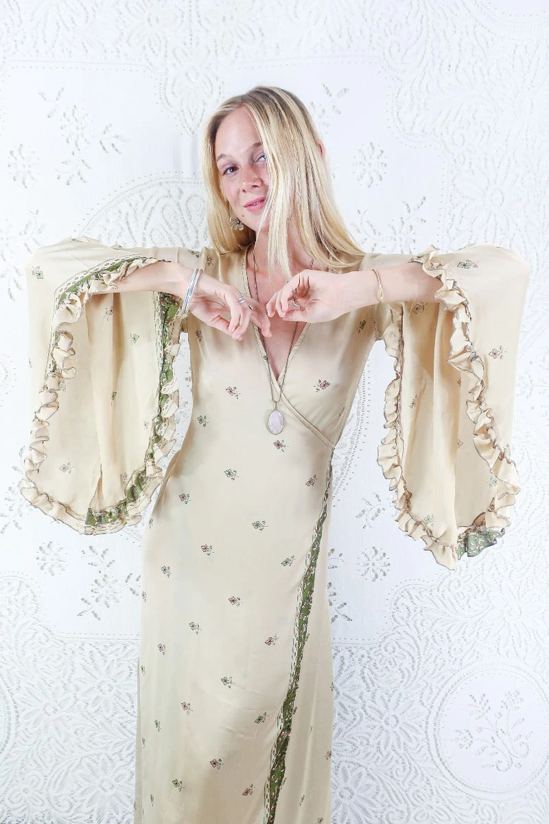 Venus Maxi Dress - Vintage Sari - Ecru & Olive Retro Floral - Size S/M 1 Venus Maxi Dress - Vintage Sari - Ecru & Olive Retro Floral - Size S/M