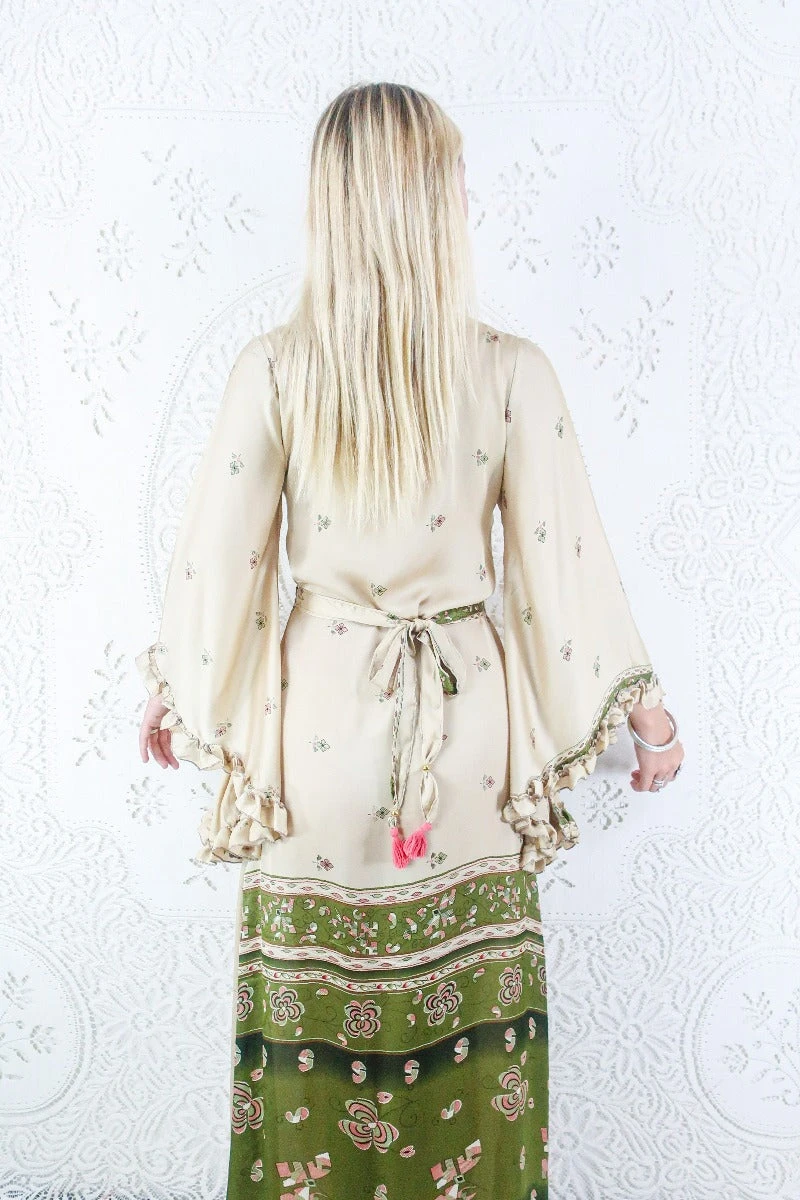 Venus Maxi Dress - Vintage Sari - Ecru & Olive Retro Floral - Size S/M 3 Venus Maxi Dress - Vintage Sari - Ecru & Olive Retro Floral - Size S/M - Image 3