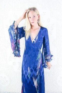 Venus Maxi Dress - Vintage Sari - Deep Blue Apple Print - Size S