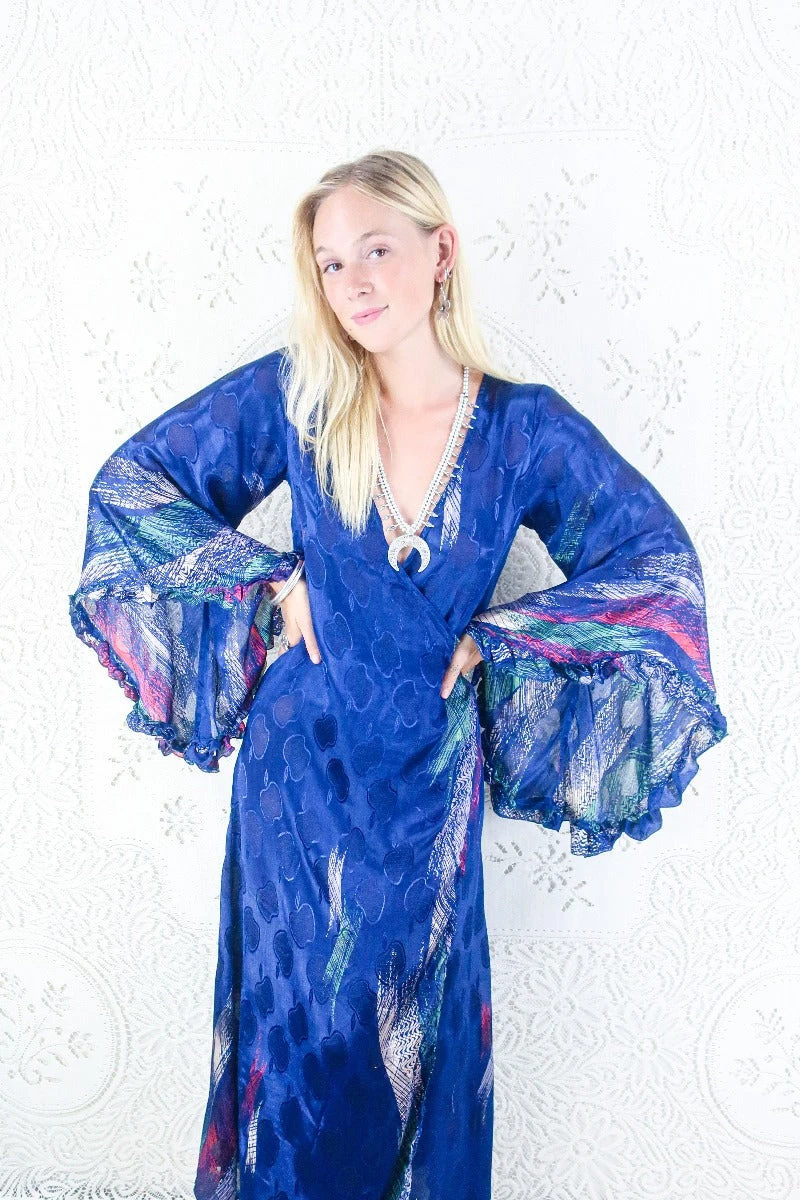 Venus Maxi Dress - Vintage Sari - Deep Blue Apple Print - Size S 2 Venus Maxi Dress - Vintage Sari - Deep Blue Apple Print - Size S - Image 2