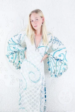 Venus Maxi Dress - Vintage Sari - Salt White & Ocean Blue Shimmer - Size S