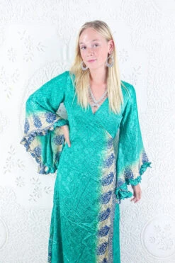 Venus Maxi Dress - Vintage Sari - Mermaid Jade & Sandy Beige - Size S/M