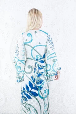 Venus Maxi Dress - Vintage Sari - Salt White & Ocean Blue Shimmer - Size S -KIKIS Clothing Shop model wearing boho frilly bell sleeve maxi dress hippie long sleeve wrap dress handmade from recycled vintage 1970s indian sari by all about audrey 40