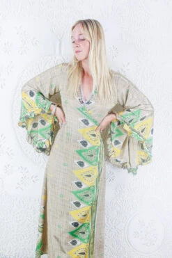 Venus Maxi Dress - Vintage Sari - Mocha, Lemon & Lime Motif - Size S