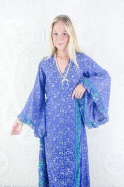 Venus Maxi Dress - Vintage Sari - Amethyst & Teal Illustrations - Size M/L