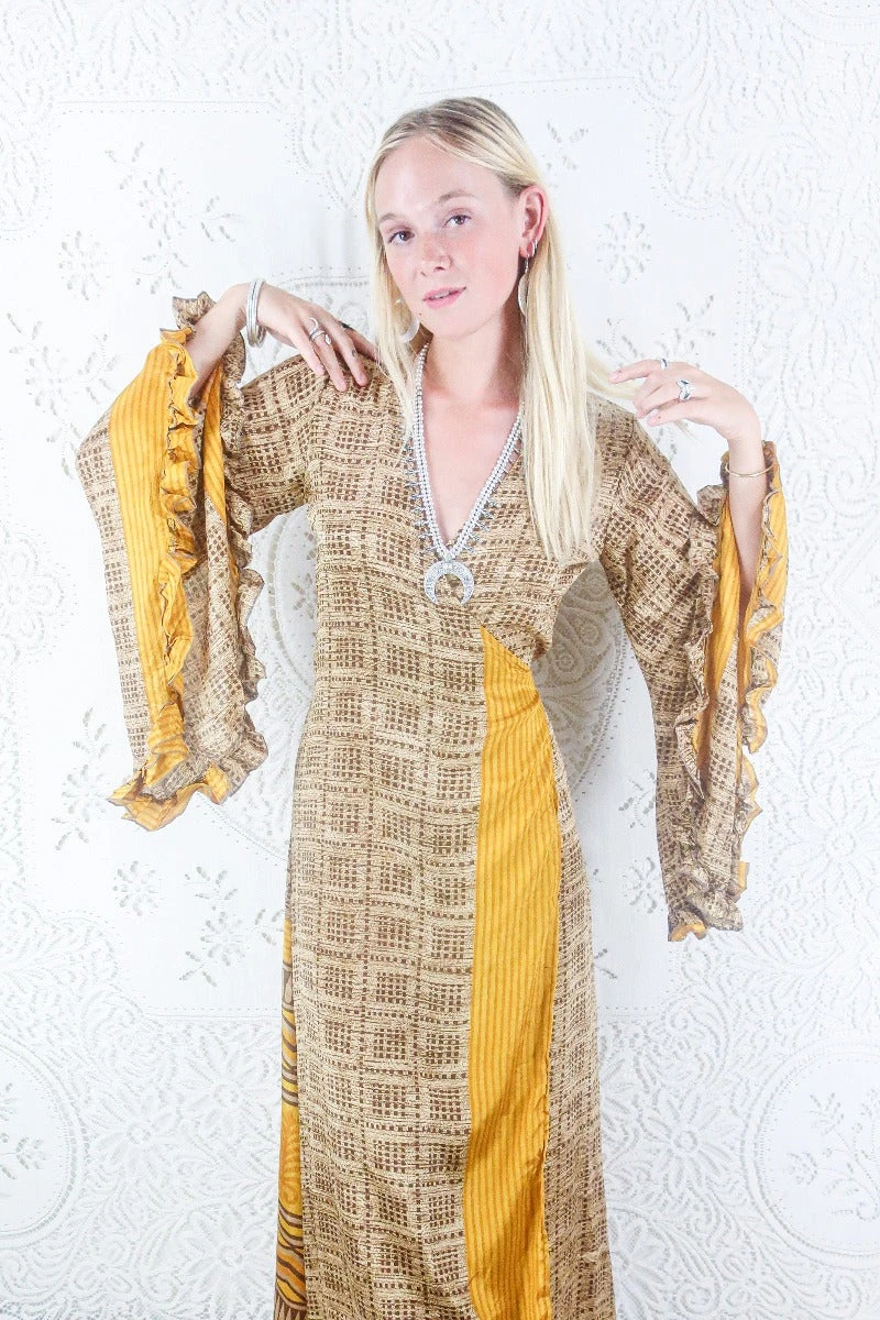 Venus Maxi Dress - Vintage Sari - Hickory & Sunflower Yellow - Size S/M 2 Venus Maxi Dress - Vintage Sari - Hickory & Sunflower Yellow - Size S/M - Image 2