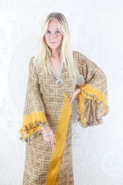 Venus Maxi Dress - Vintage Sari - Hickory & Sunflower Yellow - Size S/M