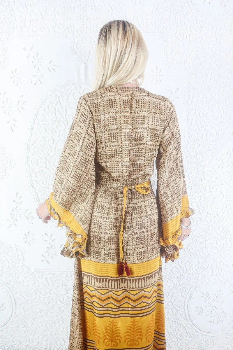 Venus Maxi Dress - Vintage Sari - Hickory & Sunflower Yellow - Size S/M 3 Venus Maxi Dress - Vintage Sari - Hickory & Sunflower Yellow - Size S/M - Image 3