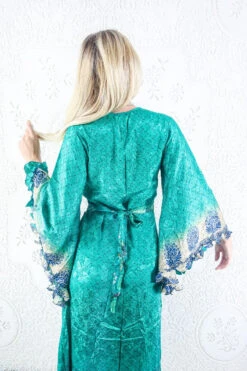 Venus Maxi Dress - Vintage Sari - Mermaid Jade & Sandy Beige - Size S/M -KIKIS Clothing Shop model wearing boho frilly bell sleeve maxi dress hippie long sleeve wrap dress handmade from recycled vintage 1970s indian sari by all about audrey 6